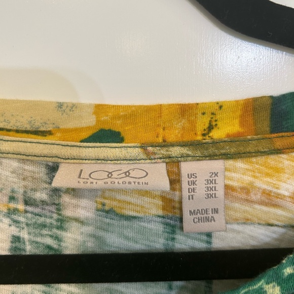 LOGO Lori Goldstein 2X Shirt Top Green Yellow Long Tunic V Neck Lagenlook - Picture 4 of 9